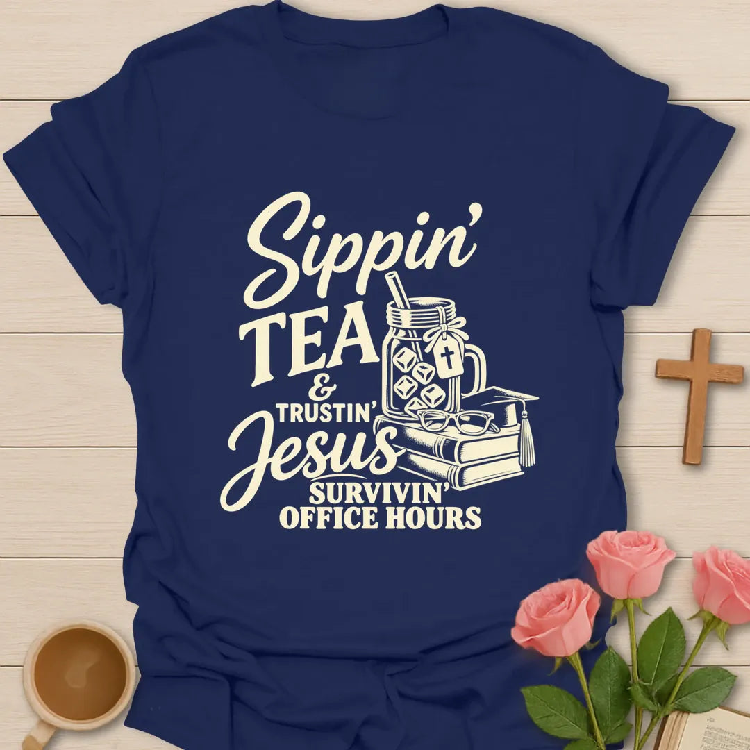Sippin' Tea Office Hours t-shirt with tea-themed lettering - Navy