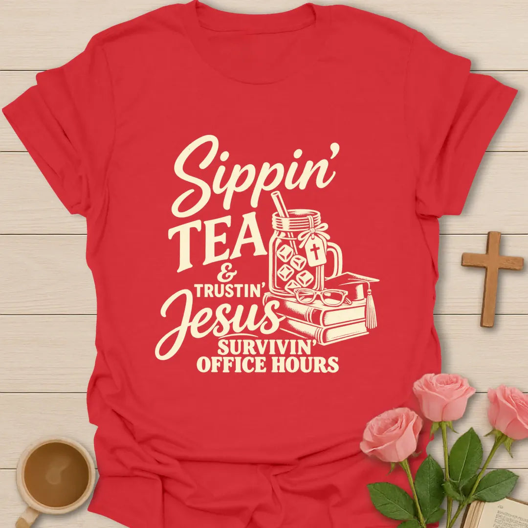 Sippin' Tea Office Hours t-shirt with tea-themed lettering - Red