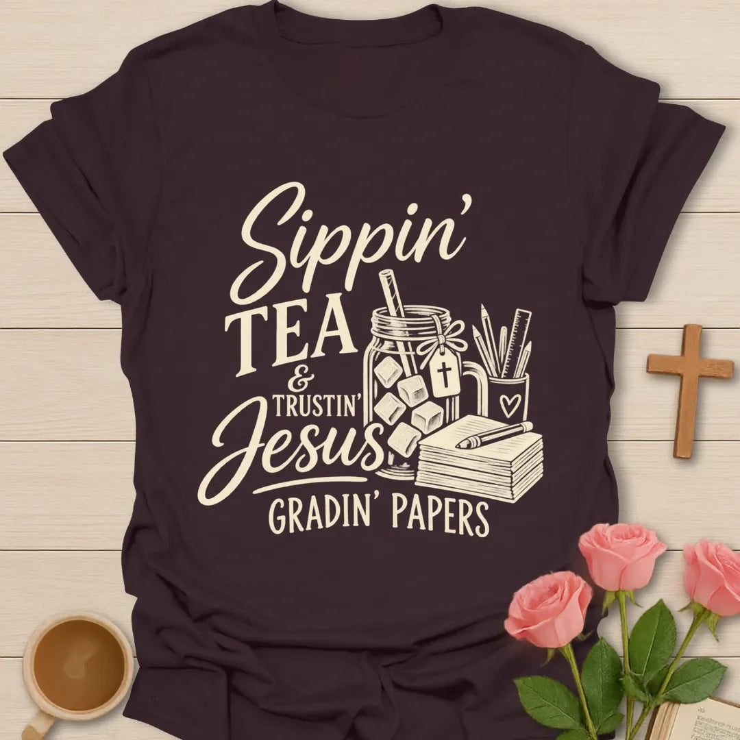 Sippin' Tea Professor t-shirt with tea-themed lettering - Dark Chocolate