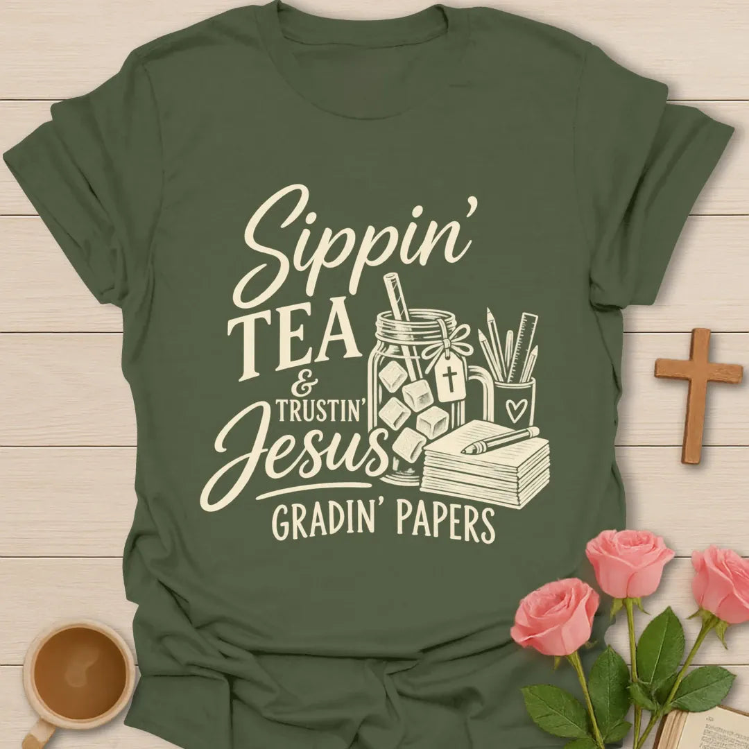 Sippin' Tea Professor t-shirt with tea-themed lettering - Military Green