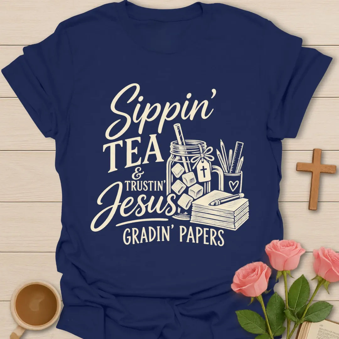 Sippin' Tea Professor t-shirt with tea-themed lettering - Navy