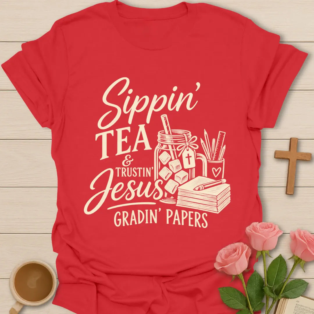 Sippin' Tea Professor t-shirt with tea-themed lettering - Red