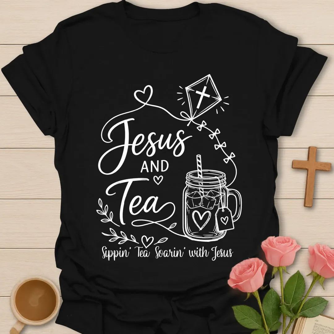 Jesus and Tea shirt with mason jar iced tea, kite with cross, hearts, leaves, and Sippin Tea Soarin With Jesus text. - Black