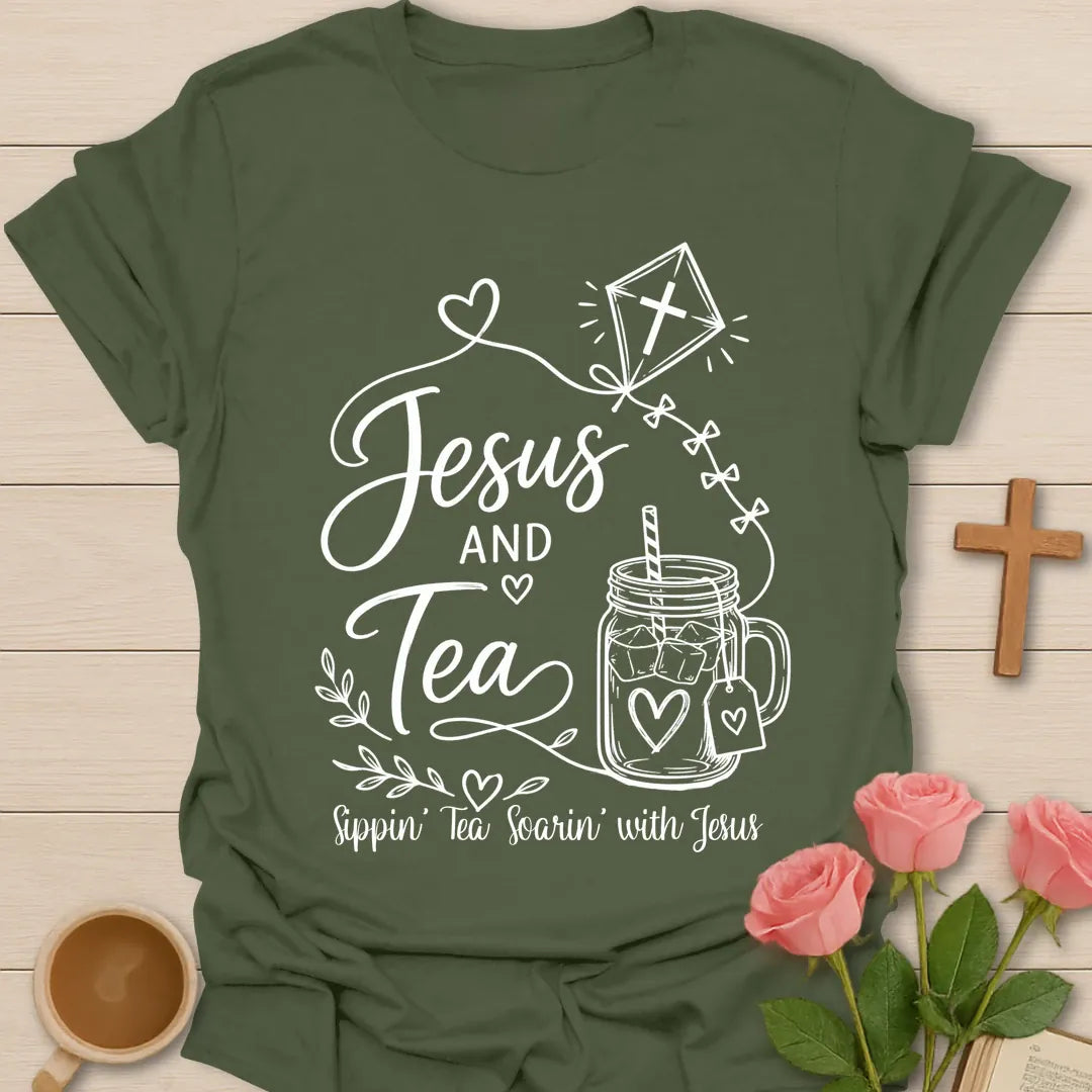 Jesus and Tea shirt with mason jar iced tea, kite with cross, hearts, leaves, and Sippin Tea Soarin With Jesus text. - Military Green