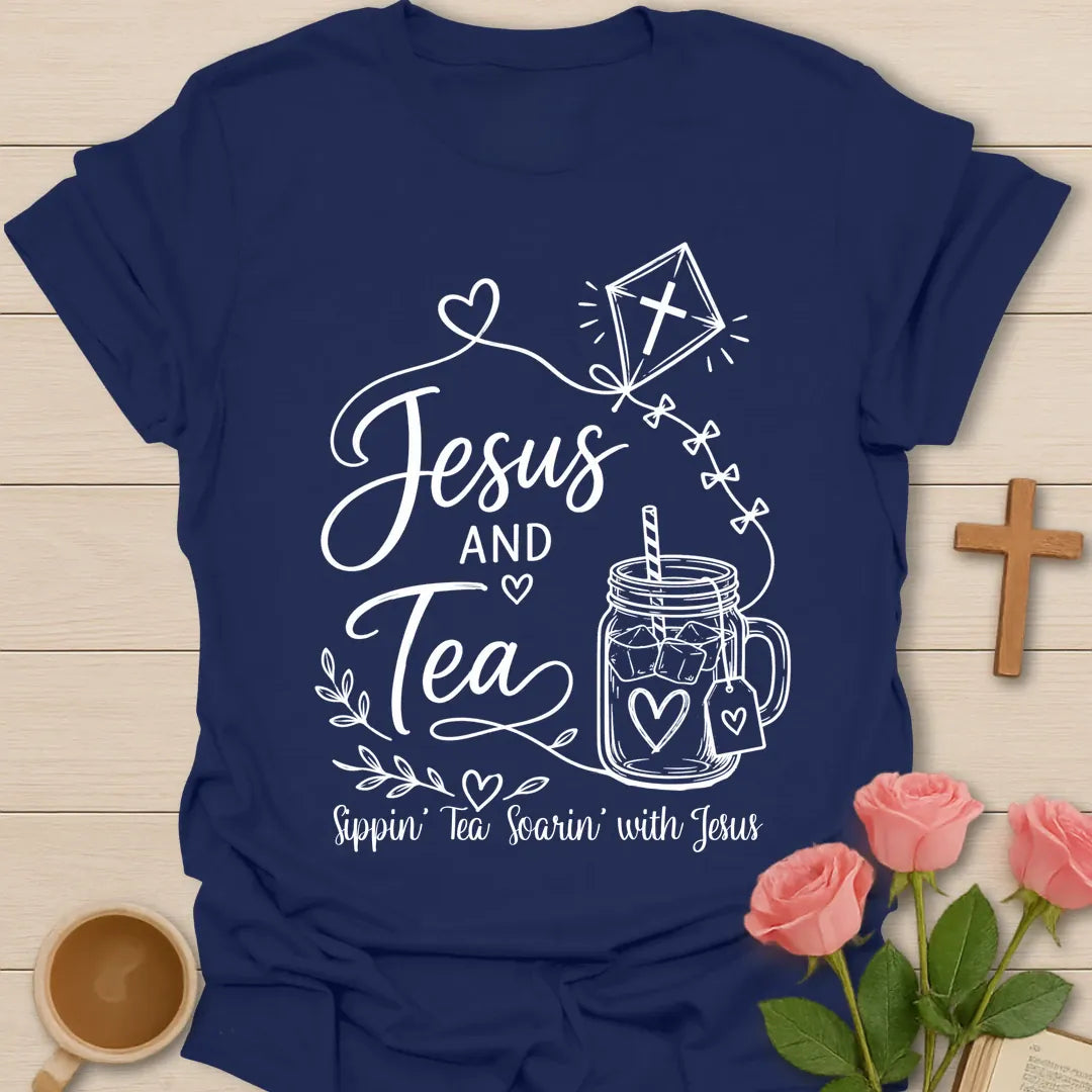 Jesus and Tea shirt with mason jar iced tea, kite with cross, hearts, leaves, and Sippin Tea Soarin With Jesus text. - Navy
