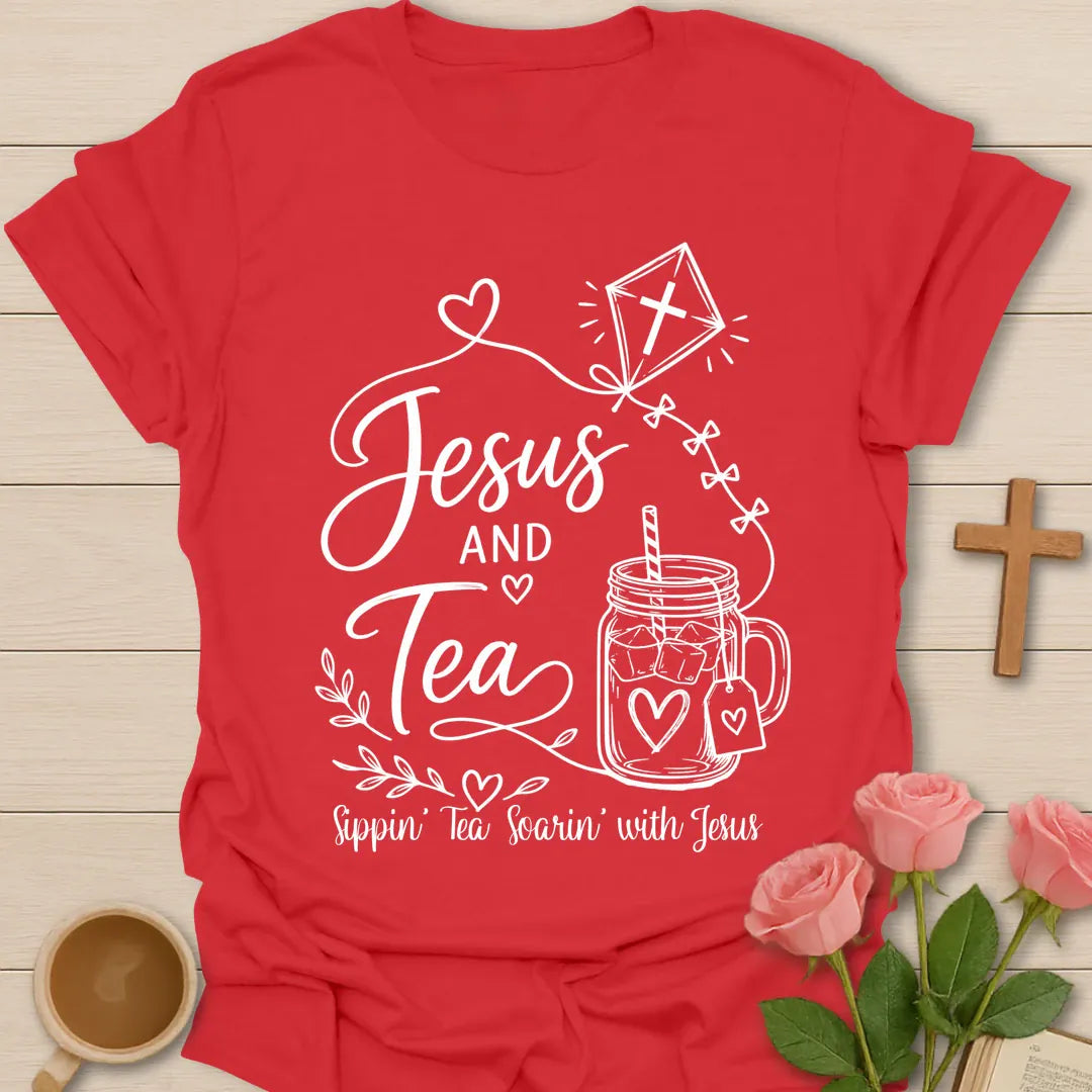 Jesus and Tea shirt with mason jar iced tea, kite with cross, hearts, leaves, and Sippin Tea Soarin With Jesus text. - Red