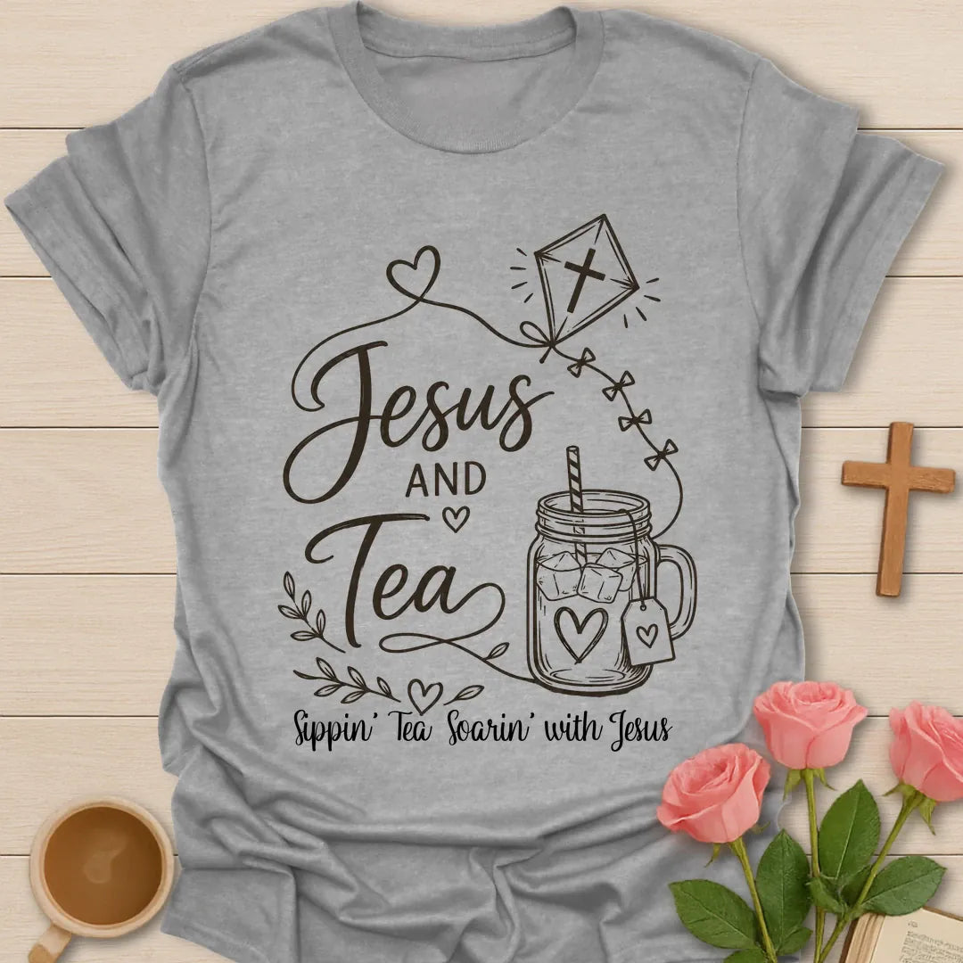 Jesus and Tea shirt with mason jar iced tea, kite with cross, hearts, leaves, and Sippin Tea Soarin With Jesus text. - Sport Grey