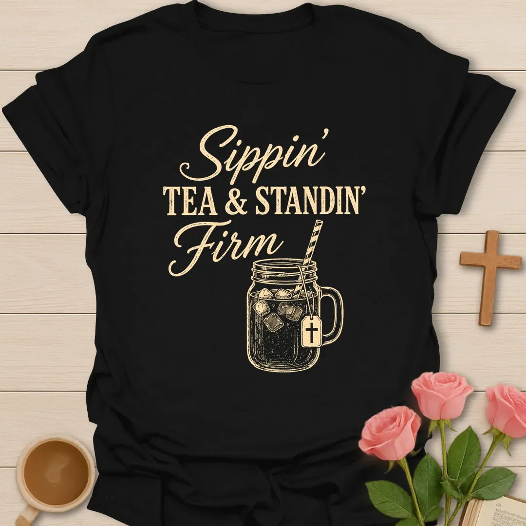 Sippin Tea and Standin Firm shirt with mason jar iced tea, cross tea tag, straw, and vintage cream typography. - Black