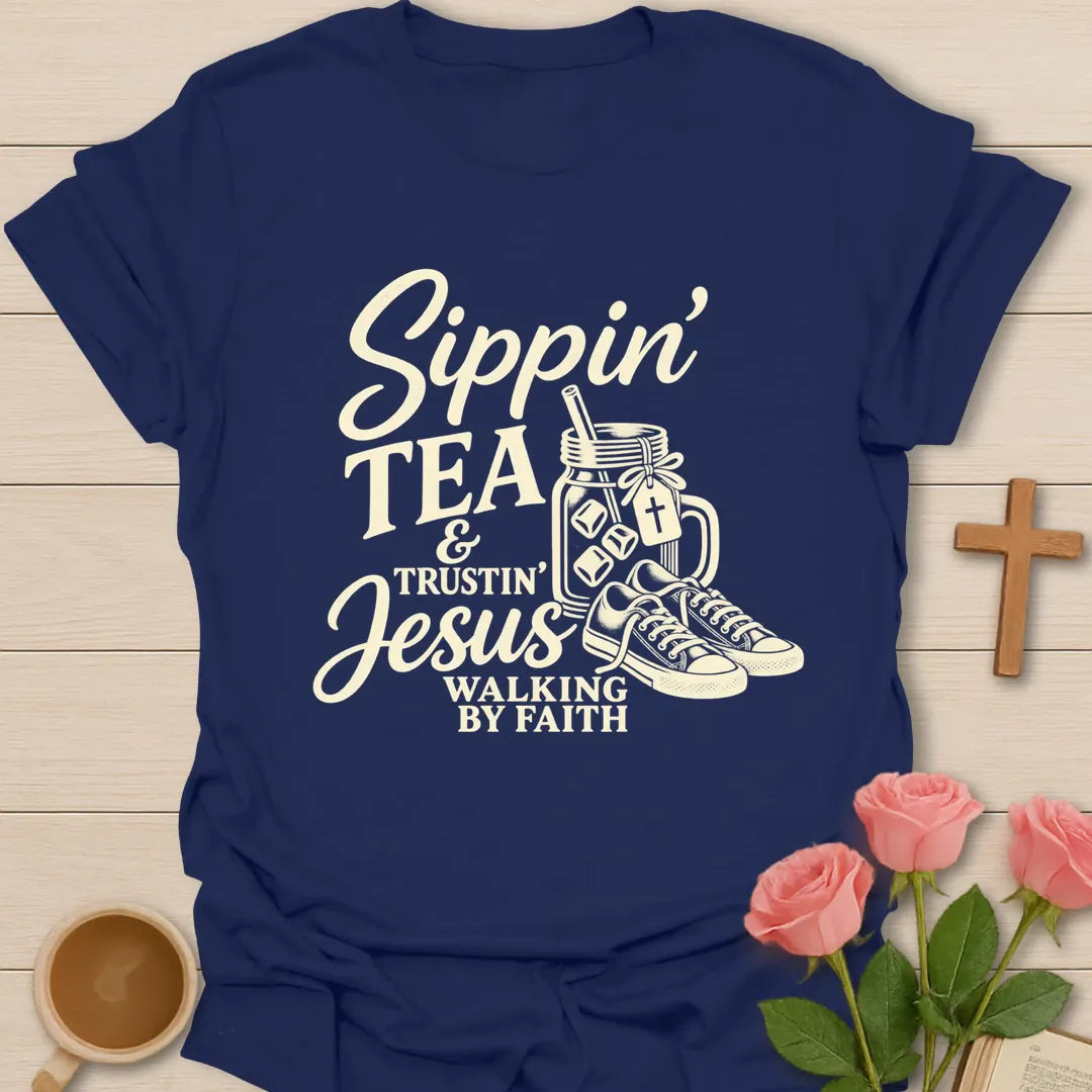 Sippin' Tea Walking In Faith t-shirt with tea and faith lettering - Navy