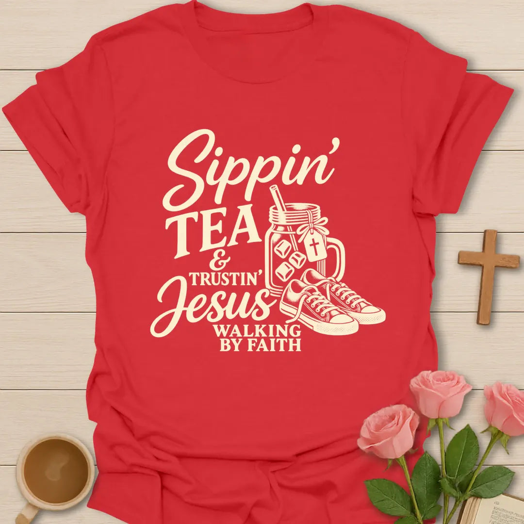 Sippin' Tea Walking In Faith t-shirt with tea and faith lettering - Red