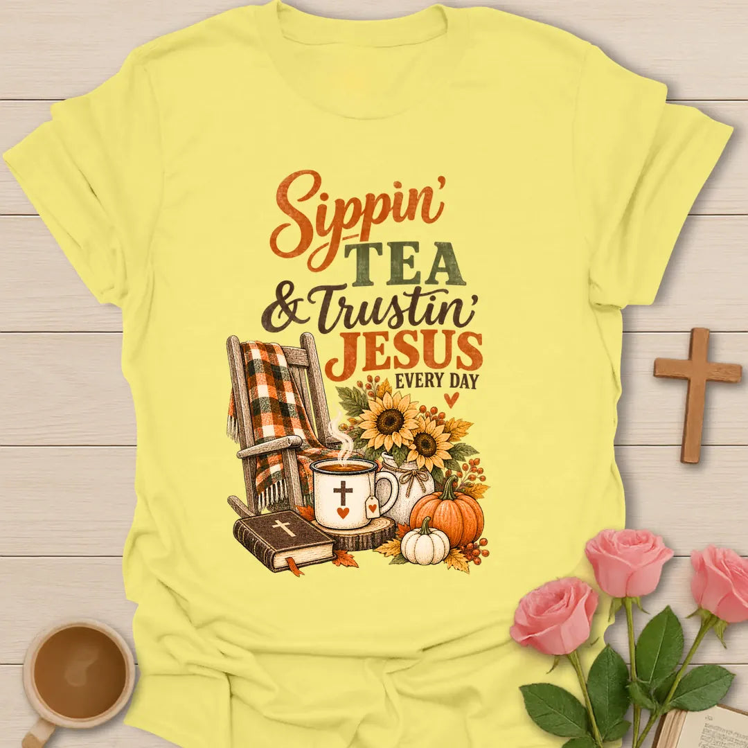 Sippin and Trustin shirt with cozy lettering and a faith-inspired fall tea design. - Cornsilk