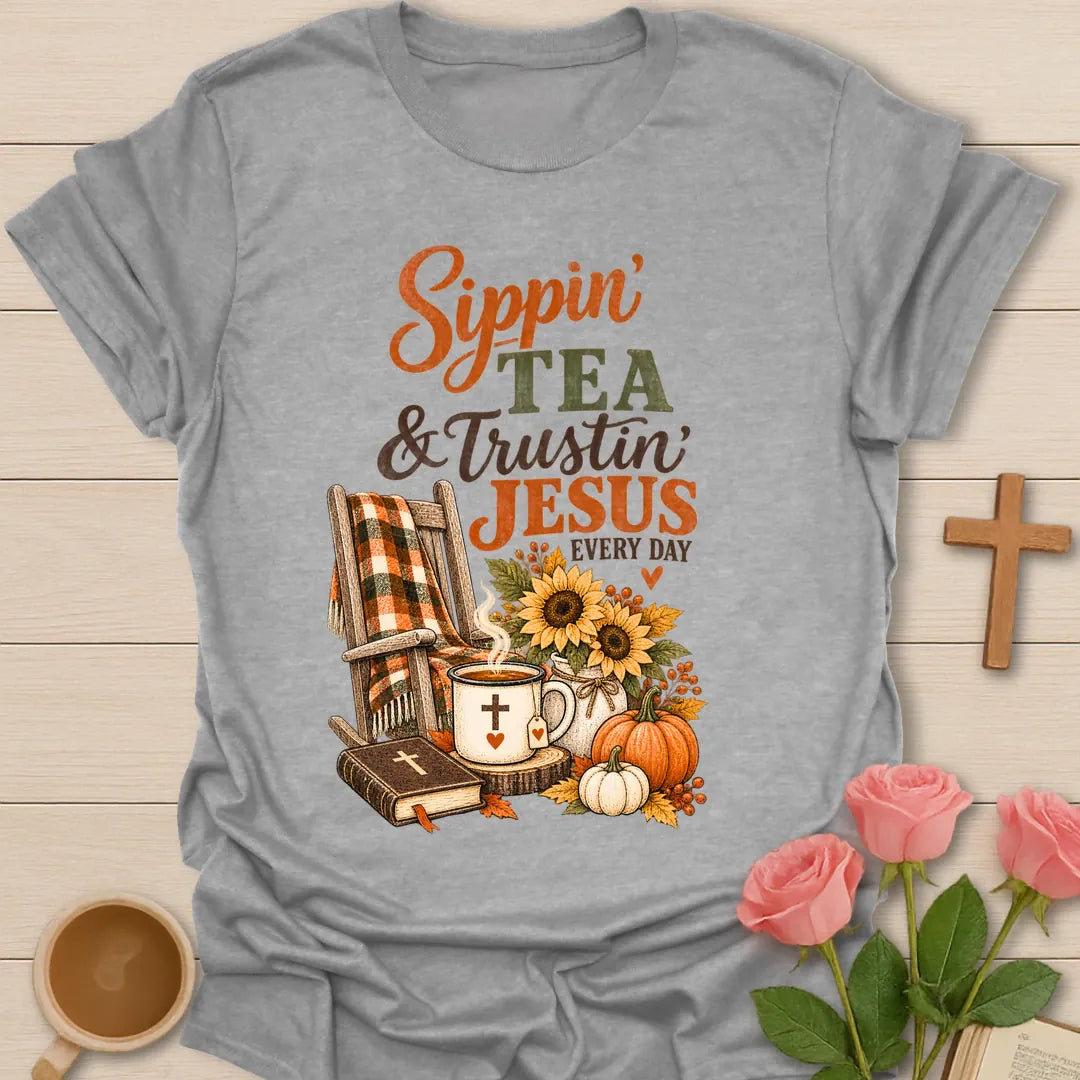 Sippin and Trustin shirt with cozy lettering and a faith-inspired fall tea design. - Sport Grey