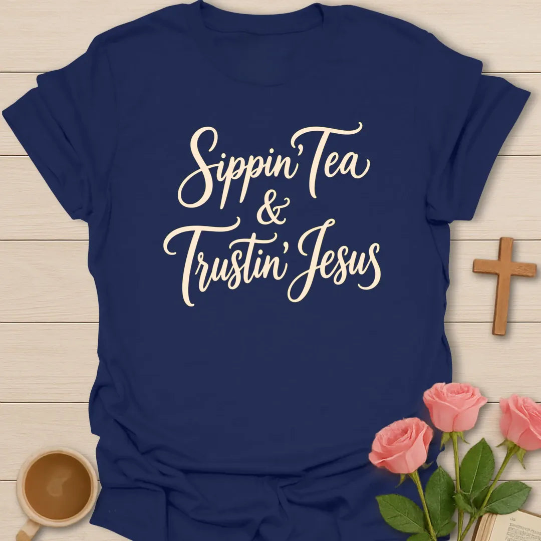 Sippin and Trustin Jesus shirt with teacup, cross, and cream vintage lettering. - Navy