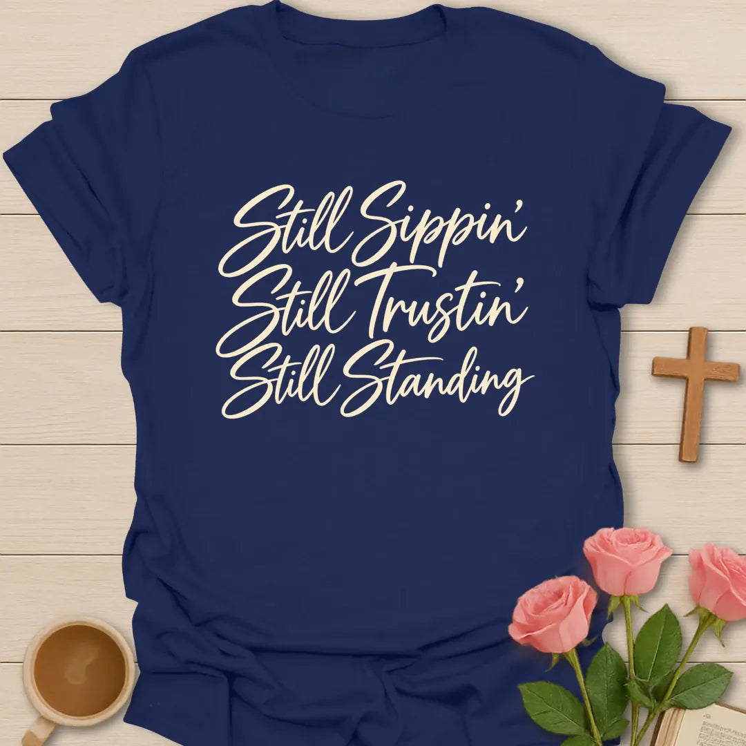 Sippin' Trustin' Standing t-shirt with tea and faith lettering - Navy