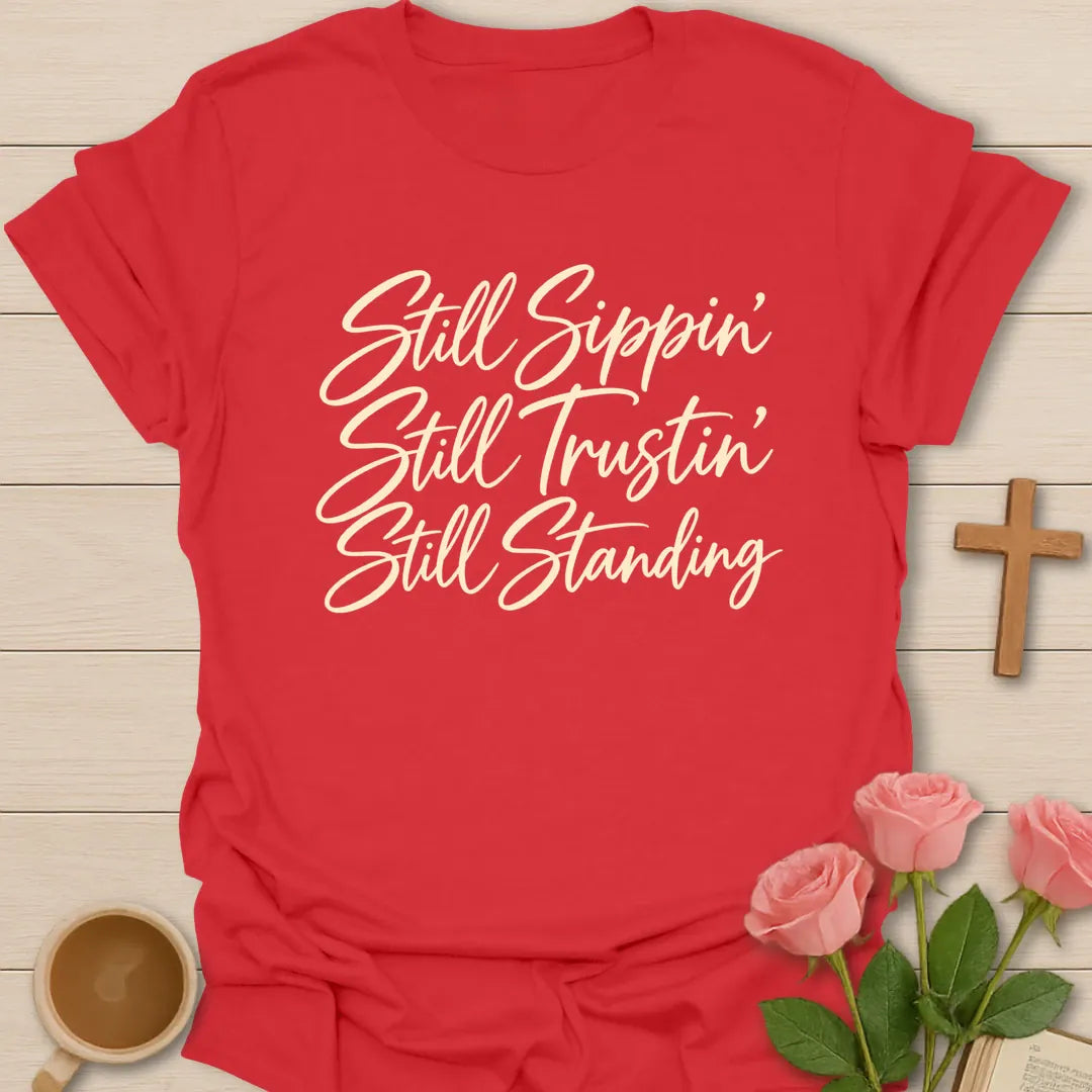 Sippin' Trustin' Standing t-shirt with tea and faith lettering - Red