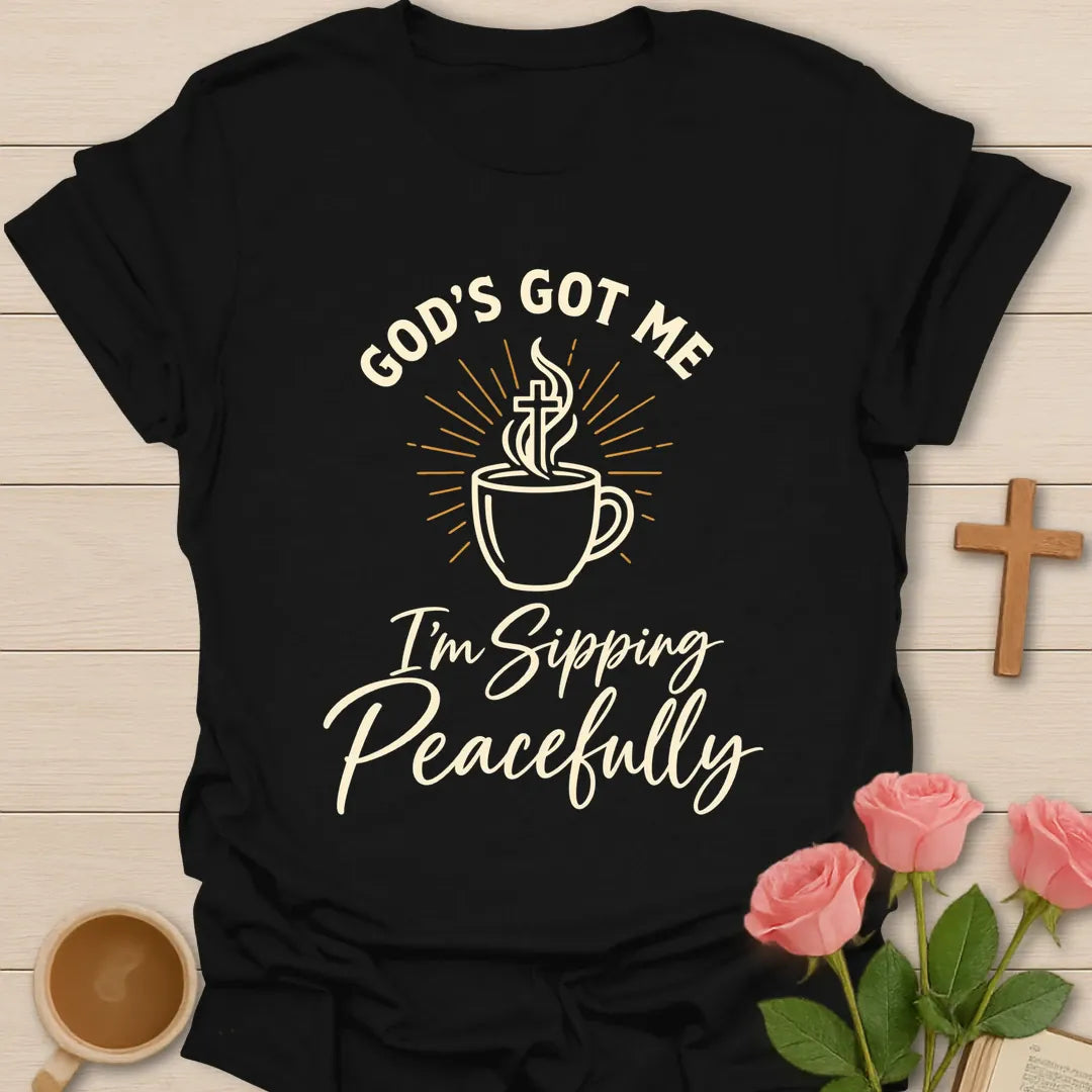 Sipping Peacefully t-shirt with tea-themed faith design - Black