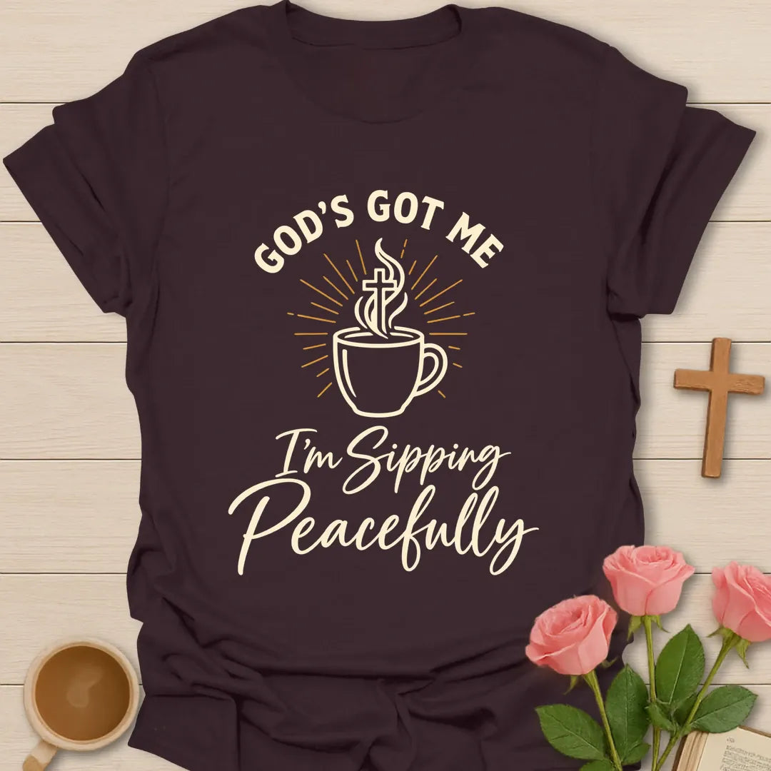 Sipping Peacefully t-shirt with tea-themed faith design - Dark Chocolate