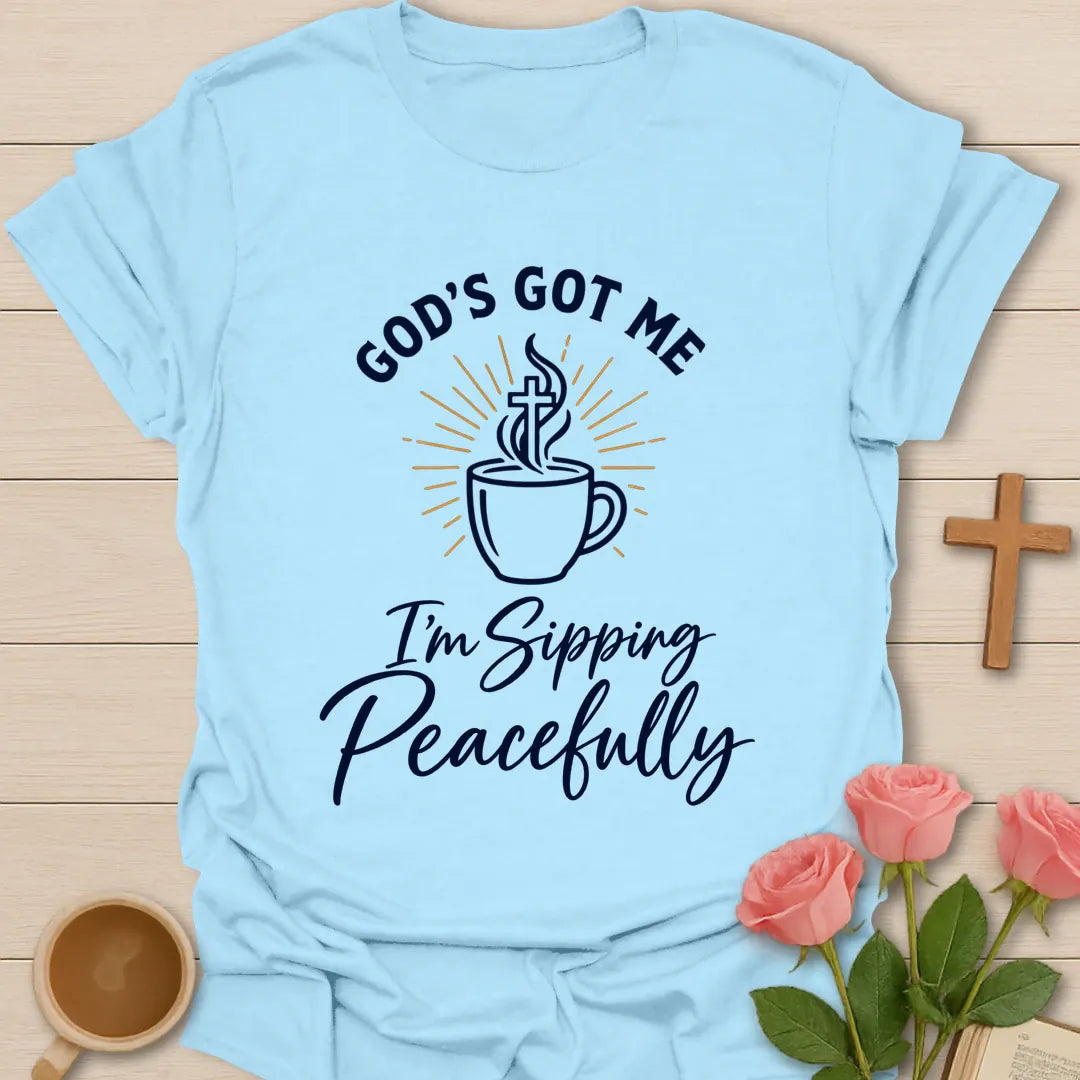 Sipping Peacefully t-shirt with tea-themed faith design - Light Blue