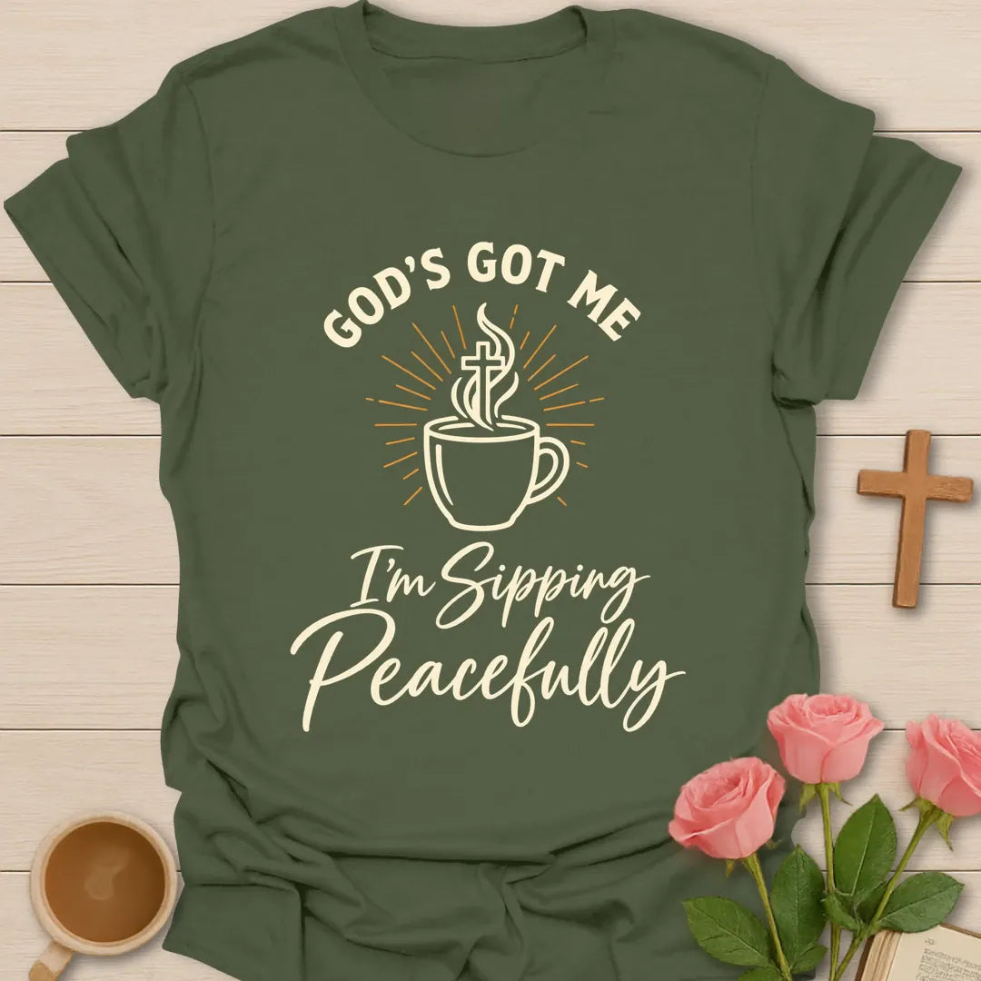 Sipping Peacefully t-shirt with tea-themed faith design - Military Green