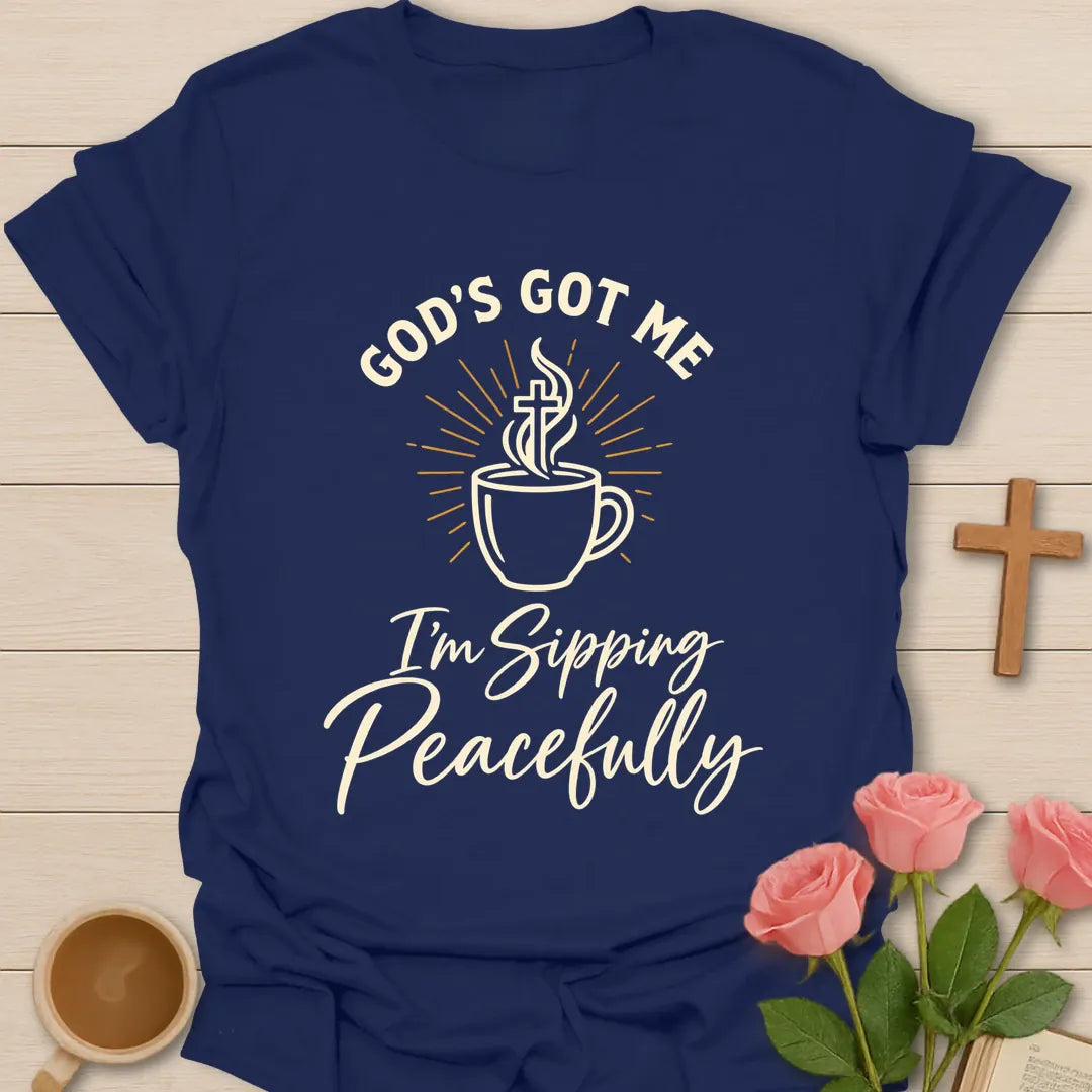 Sipping Peacefully t-shirt with tea-themed faith design - Navy