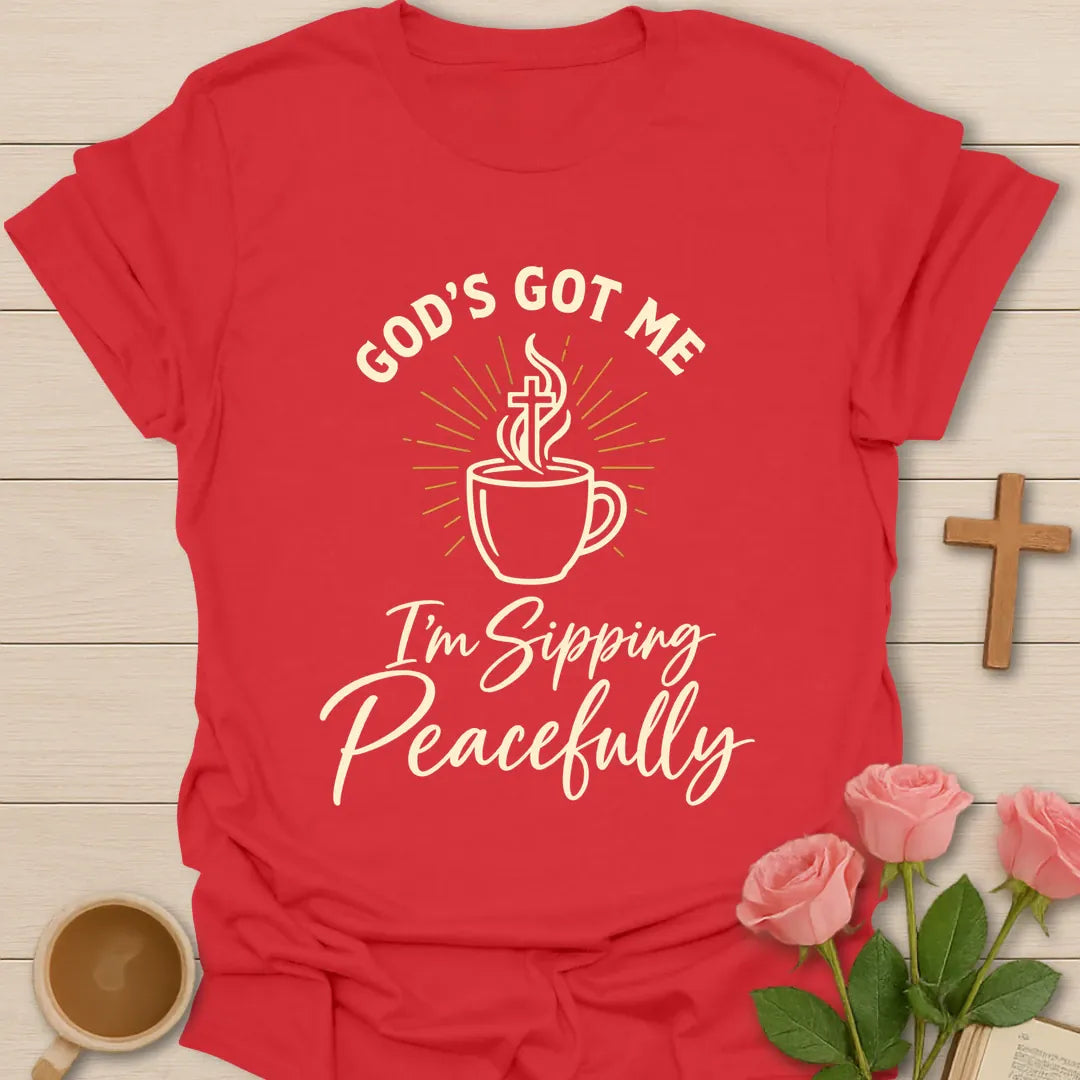 Sipping Peacefully t-shirt with tea-themed faith design - Red