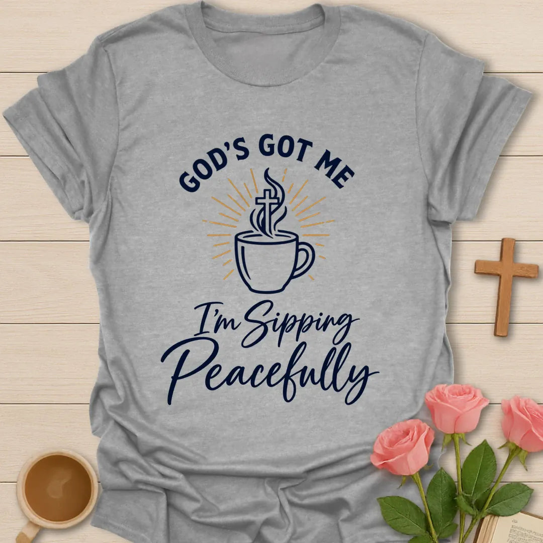 Sipping Peacefully t-shirt with tea-themed faith design - Sport Grey