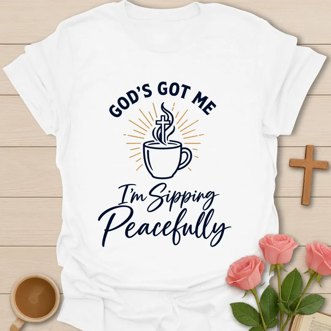 Sipping Peacefully t-shirt with tea-themed faith design - White