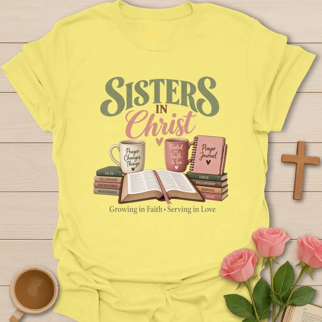 Sisters In Christ t-shirt with friendship lettering and faith-inspired design - Cornsilk