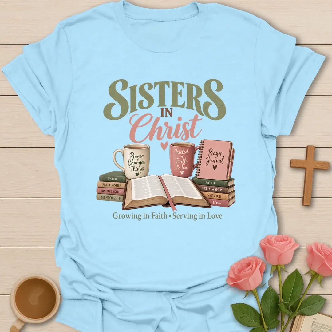Sisters In Christ t-shirt with friendship lettering and faith-inspired design - Light Blue