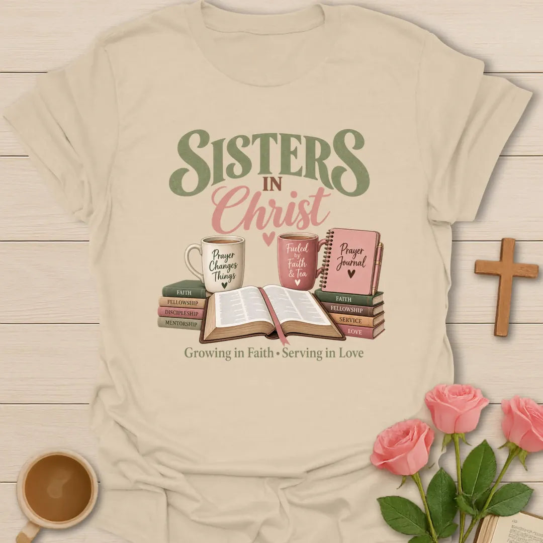 Sisters In Christ t-shirt with friendship lettering and faith-inspired design - Sand