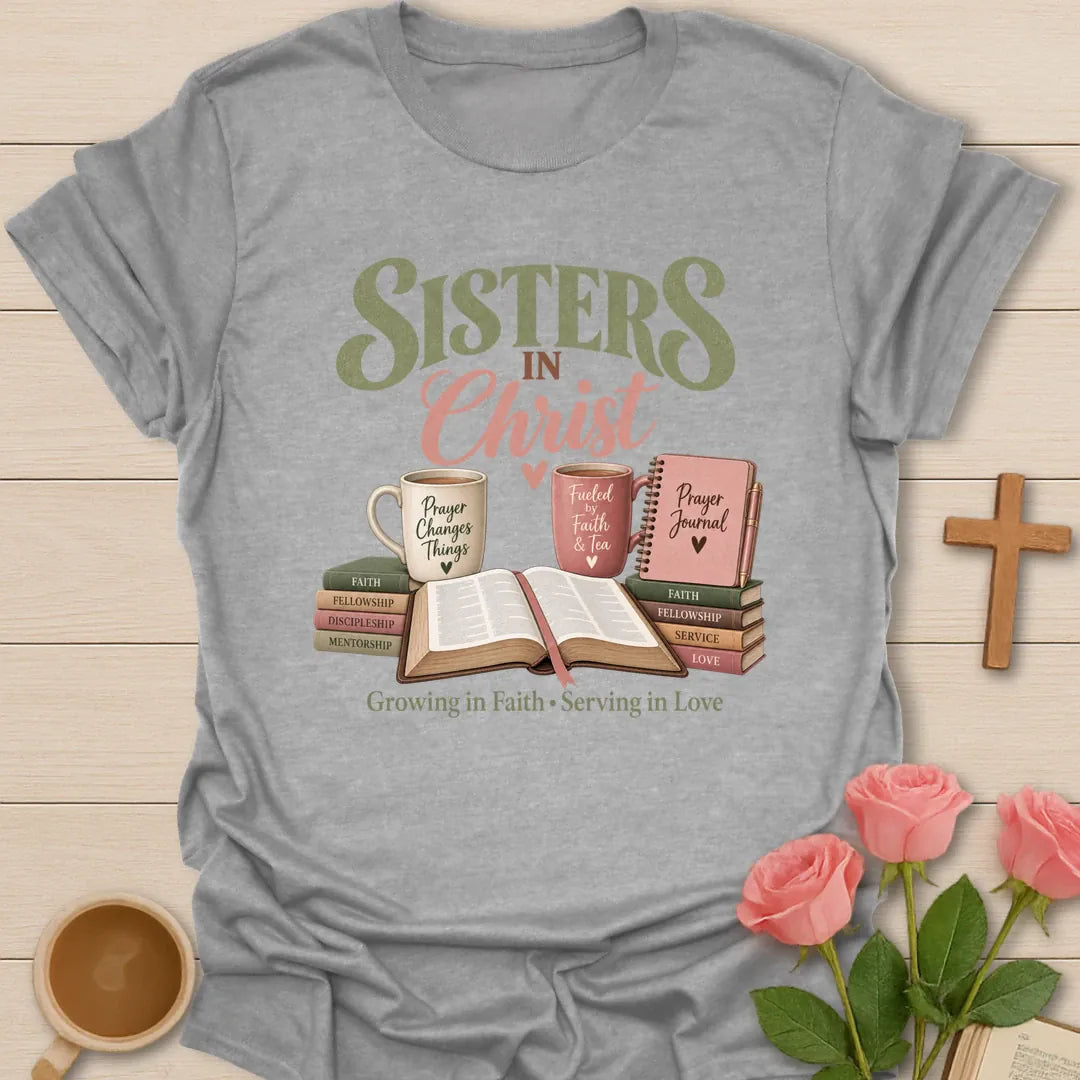 Sisters In Christ t-shirt with friendship lettering and faith-inspired design - Sport Grey