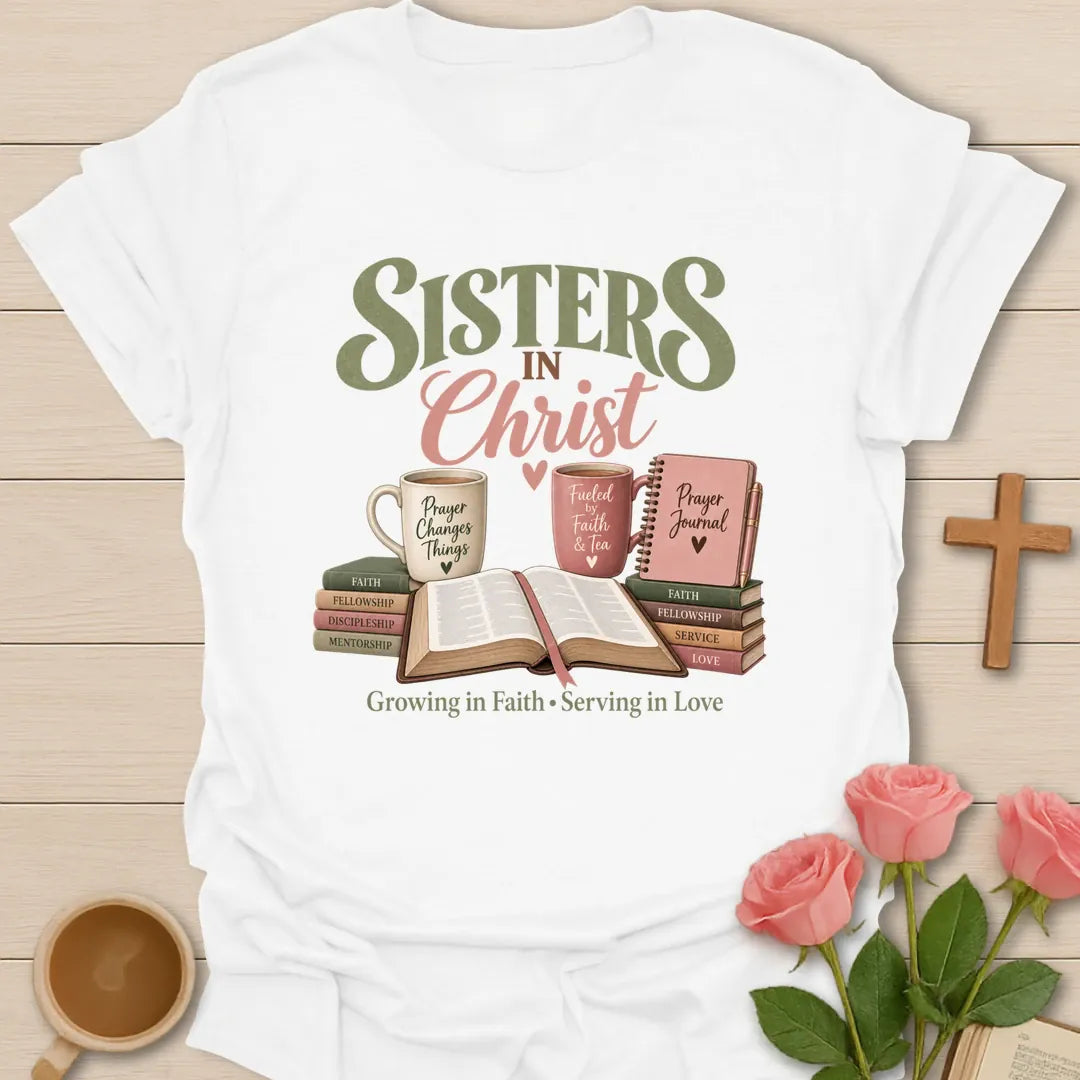 Sisters In Christ t-shirt with friendship lettering and faith-inspired design - White