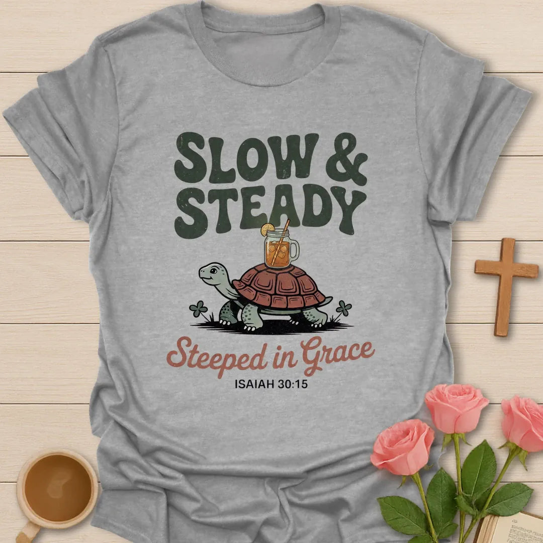 Slow & Steady Steeped in Grace Christian t-shirt with a smiling tortoise carrying a mason jar of iced tea and Isaiah 30:15 - Sport Grey