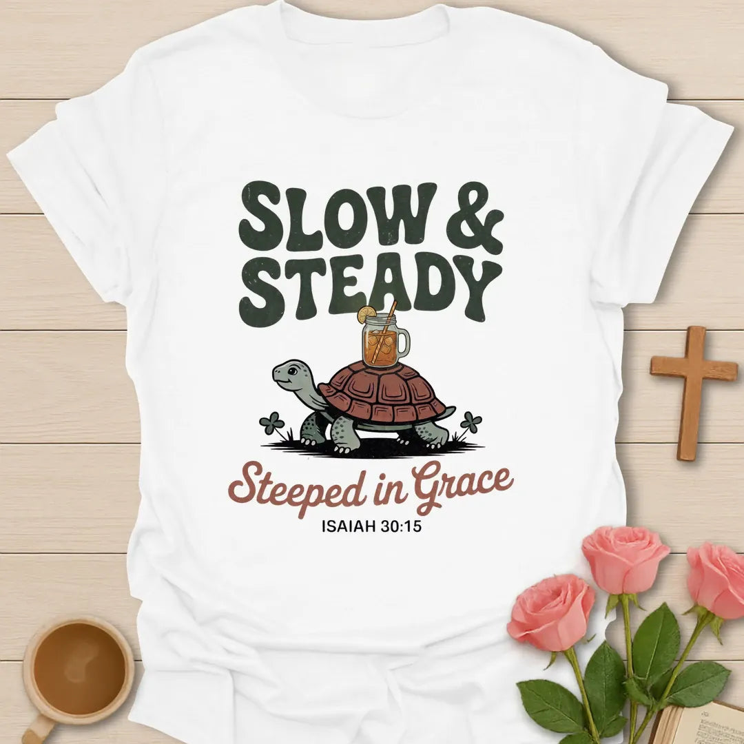 Slow & Steady Steeped in Grace Christian t-shirt with a smiling tortoise carrying a mason jar of iced tea and Isaiah 30:15 - White