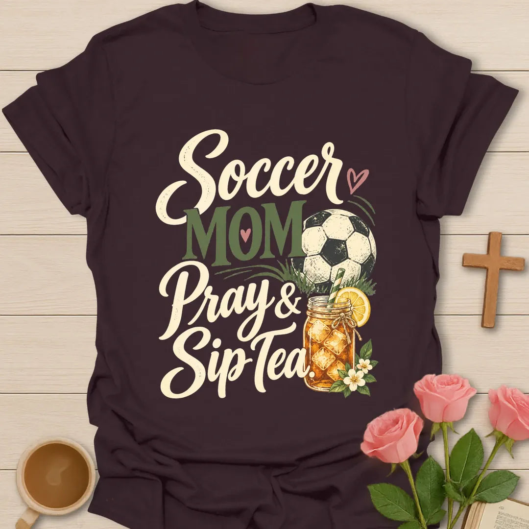 Soccer Mom Pray & Sip Tea t-shirt with script lettering, a soccer ball and a floral iced tea mason jar - Dark Chocolate