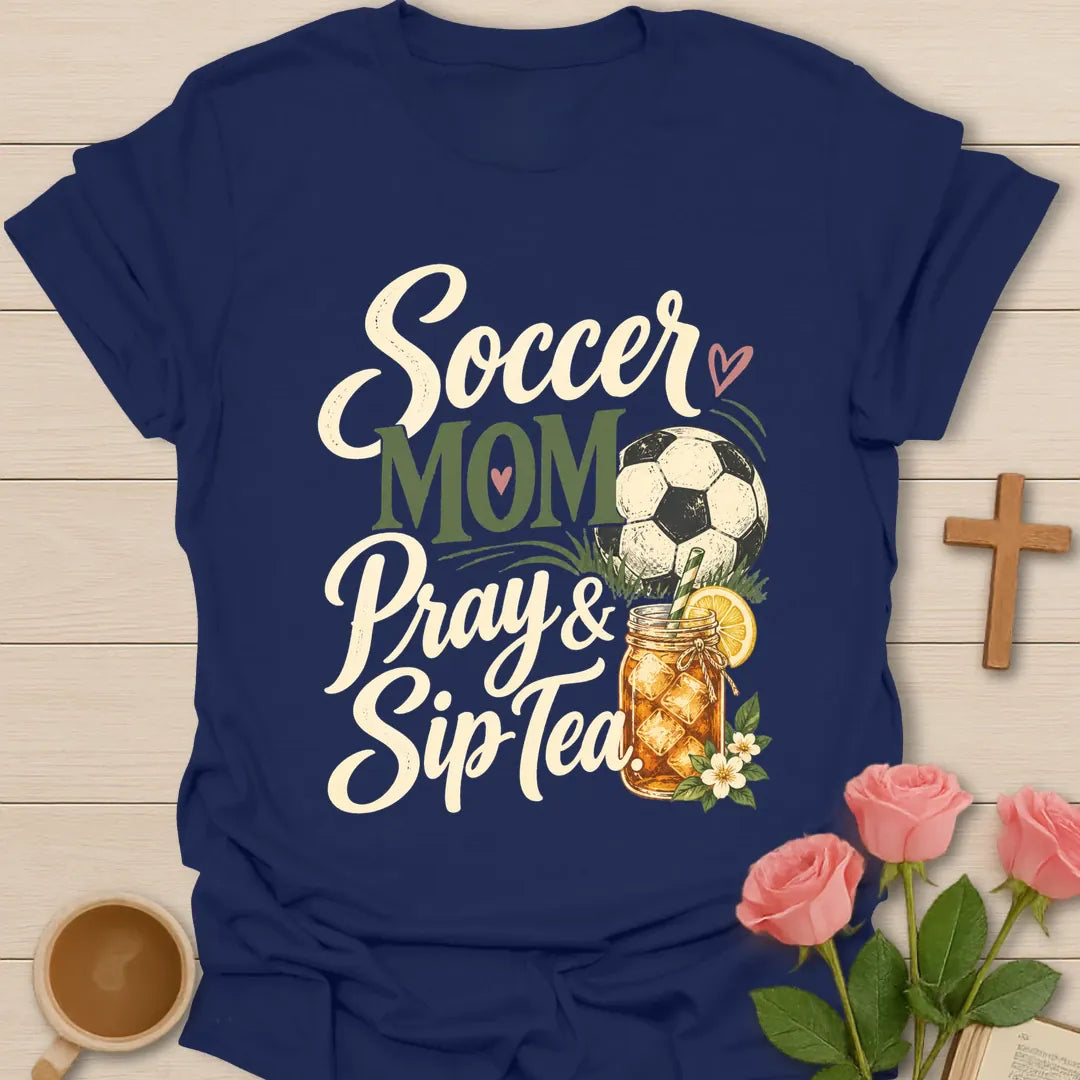 Soccer Mom Pray & Sip Tea t-shirt with script lettering, a soccer ball and a floral iced tea mason jar - Navy