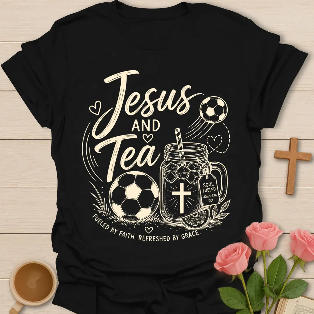 Jesus and Tea soccer shirt with soccer ball, mason jar iced tea, cross, lemon slice, and Fueled By Faith text. - Black