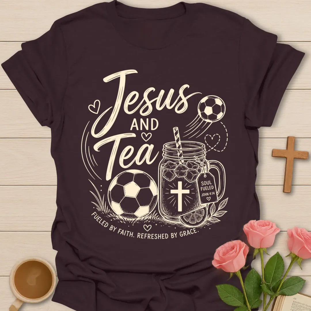 Jesus and Tea soccer shirt with soccer ball, mason jar iced tea, cross, lemon slice, and Fueled By Faith text. - Dark Chocolate