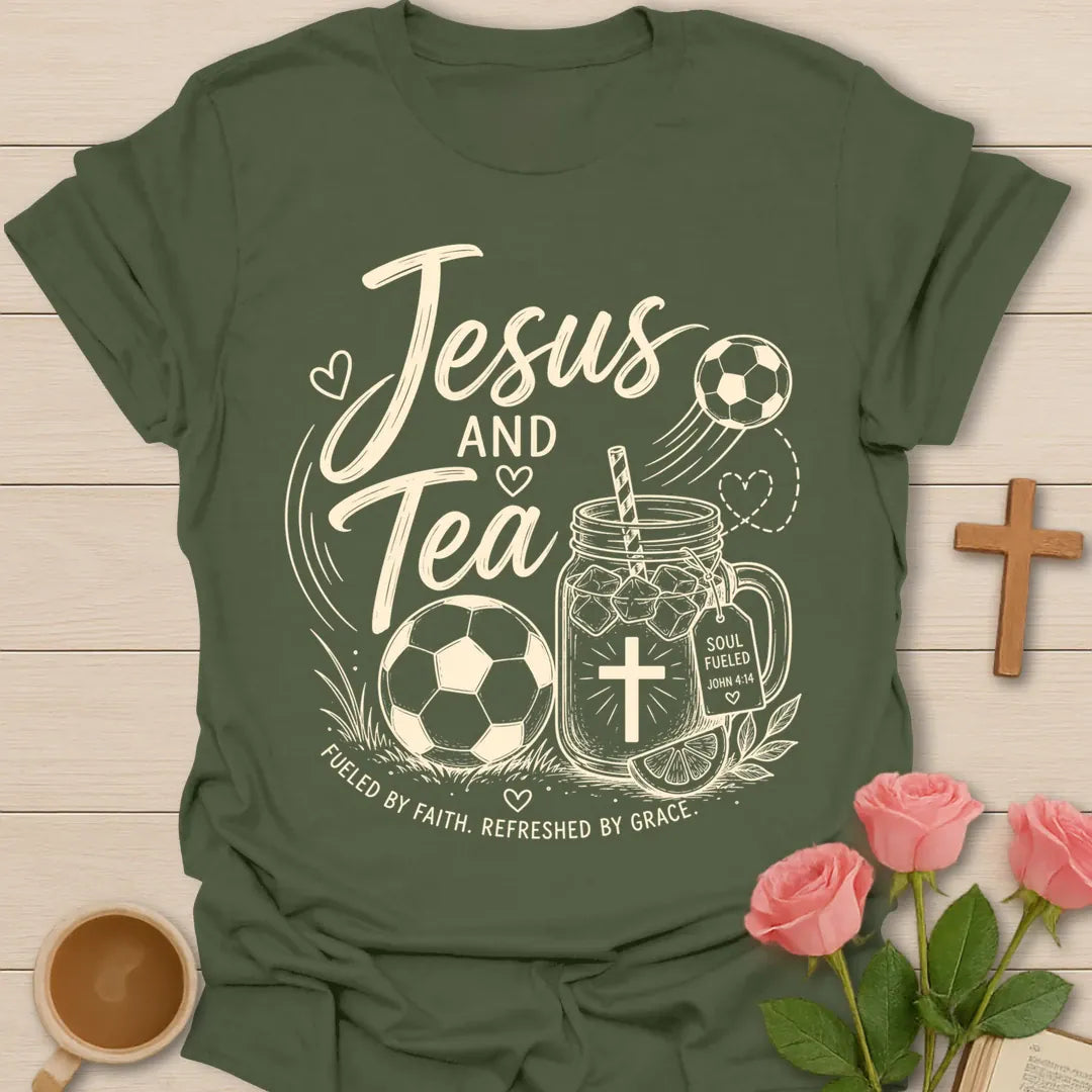 Jesus and Tea soccer shirt with soccer ball, mason jar iced tea, cross, lemon slice, and Fueled By Faith text. - Military Green