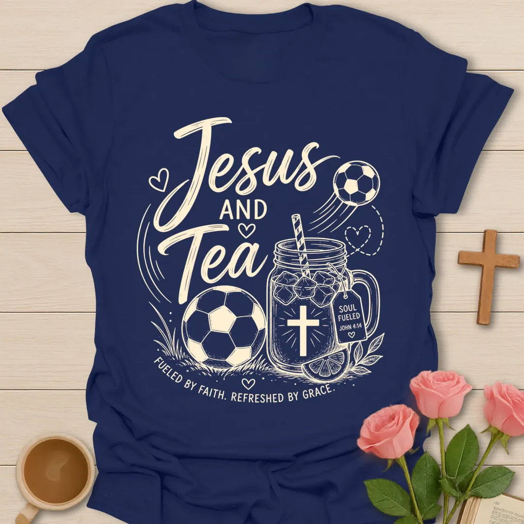 Jesus and Tea soccer shirt with soccer ball, mason jar iced tea, cross, lemon slice, and Fueled By Faith text. - Navy
