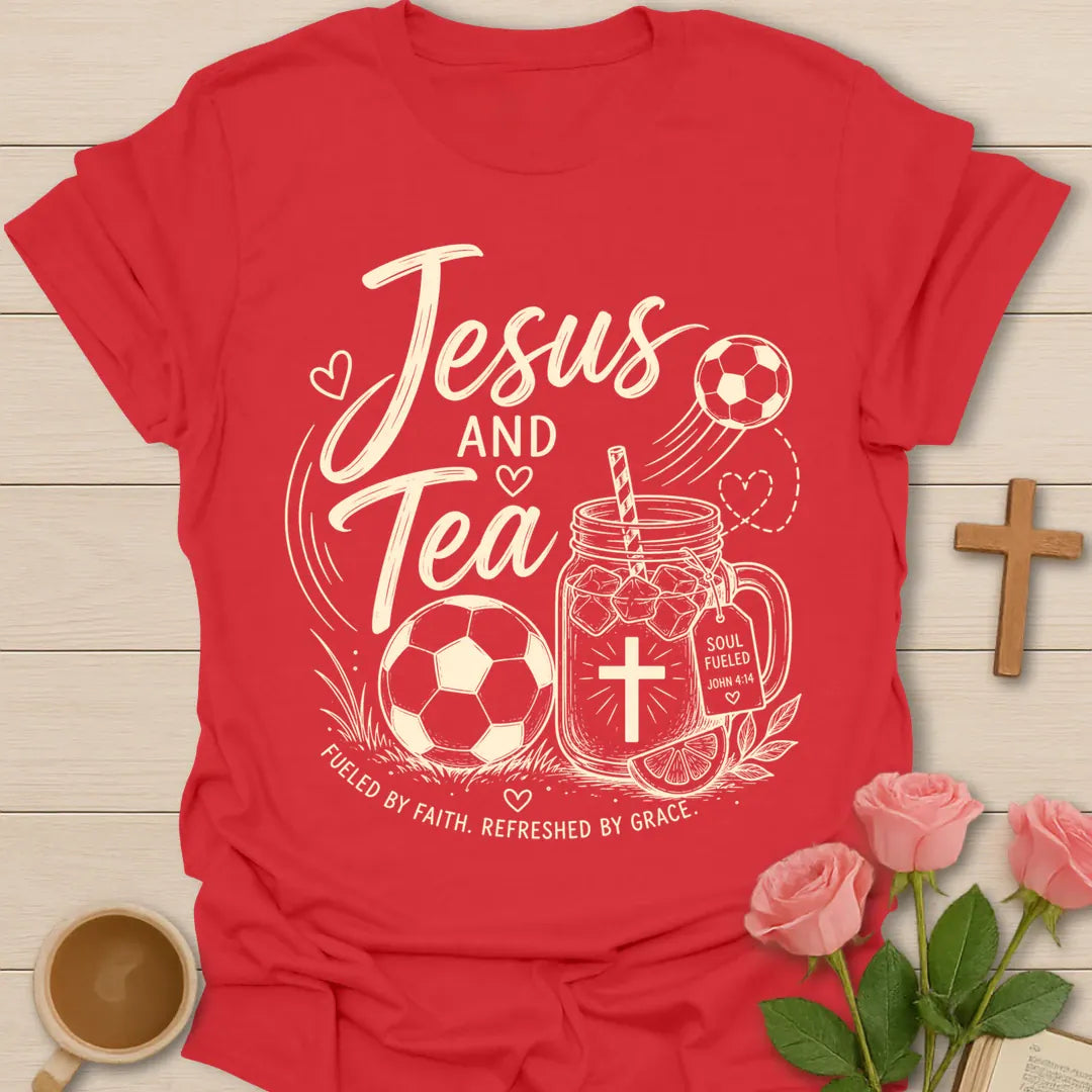 Jesus and Tea soccer shirt with soccer ball, mason jar iced tea, cross, lemon slice, and Fueled By Faith text. - Red