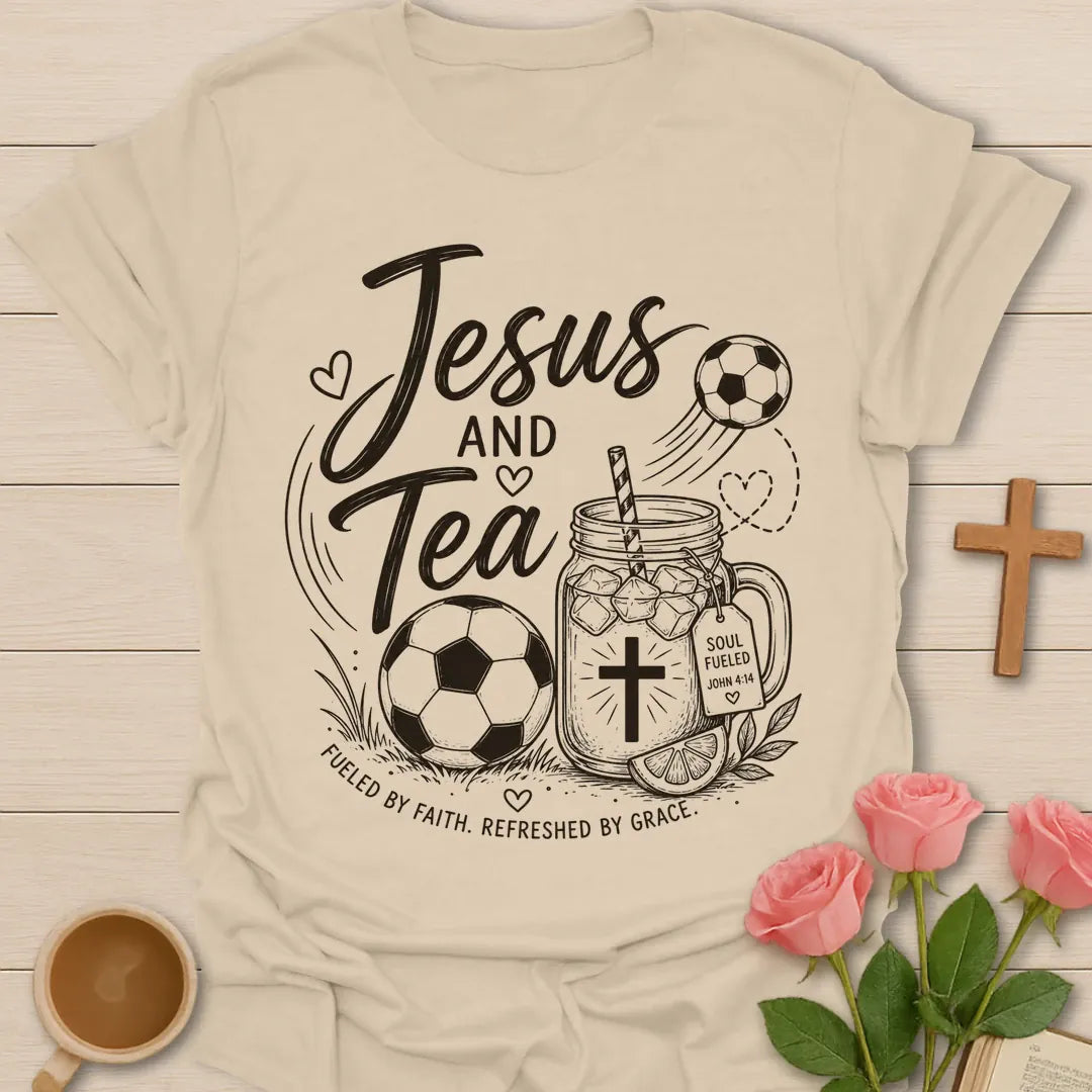 Jesus and Tea soccer shirt with soccer ball, mason jar iced tea, cross, lemon slice, and Fueled By Faith text. - Sand