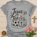 Jesus and Tea soccer shirt with soccer ball, mason jar iced tea, cross, lemon slice, and Fueled By Faith text. - Sport Grey