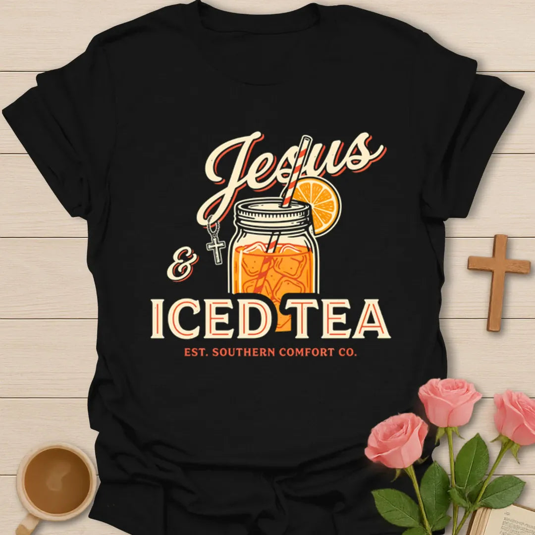 Jesus and Iced Tea shirt with mason jar, orange slice, cross charm, straw, and Southern Comfort text - Black