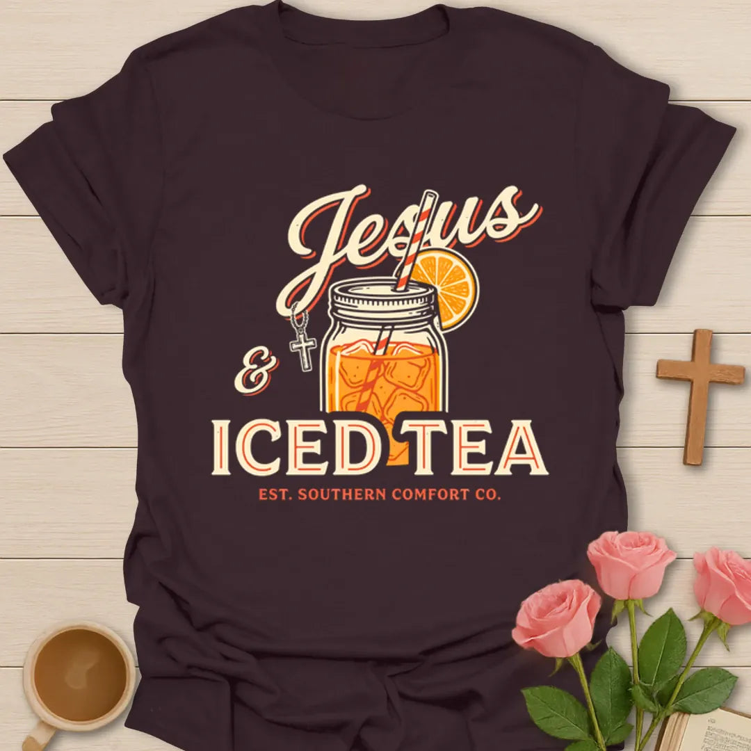 Jesus and Iced Tea shirt with mason jar, orange slice, cross charm, straw, and Southern Comfort text - Dark Chocolate