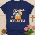 Jesus and Iced Tea shirt with mason jar, orange slice, cross charm, straw, and Southern Comfort text - Navy