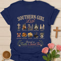 Southern Girl List shirt with cross, sweet tea, porch, church, family and flowers in a vintage grid - Navy