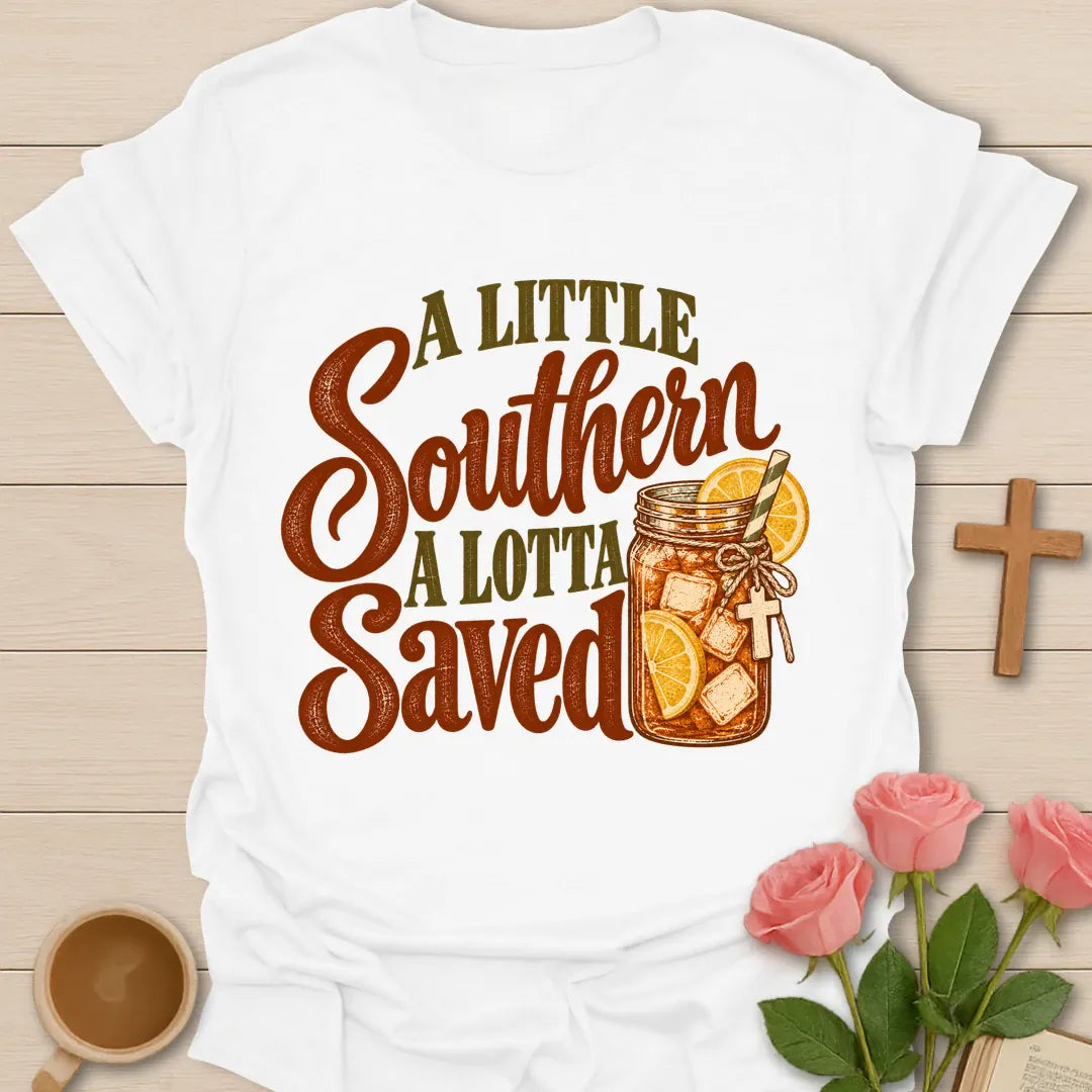 A Little Southern A Lotta Saved Christian t-shirt with rust script lettering and a mason jar of lemon sweet tea with a cross - White