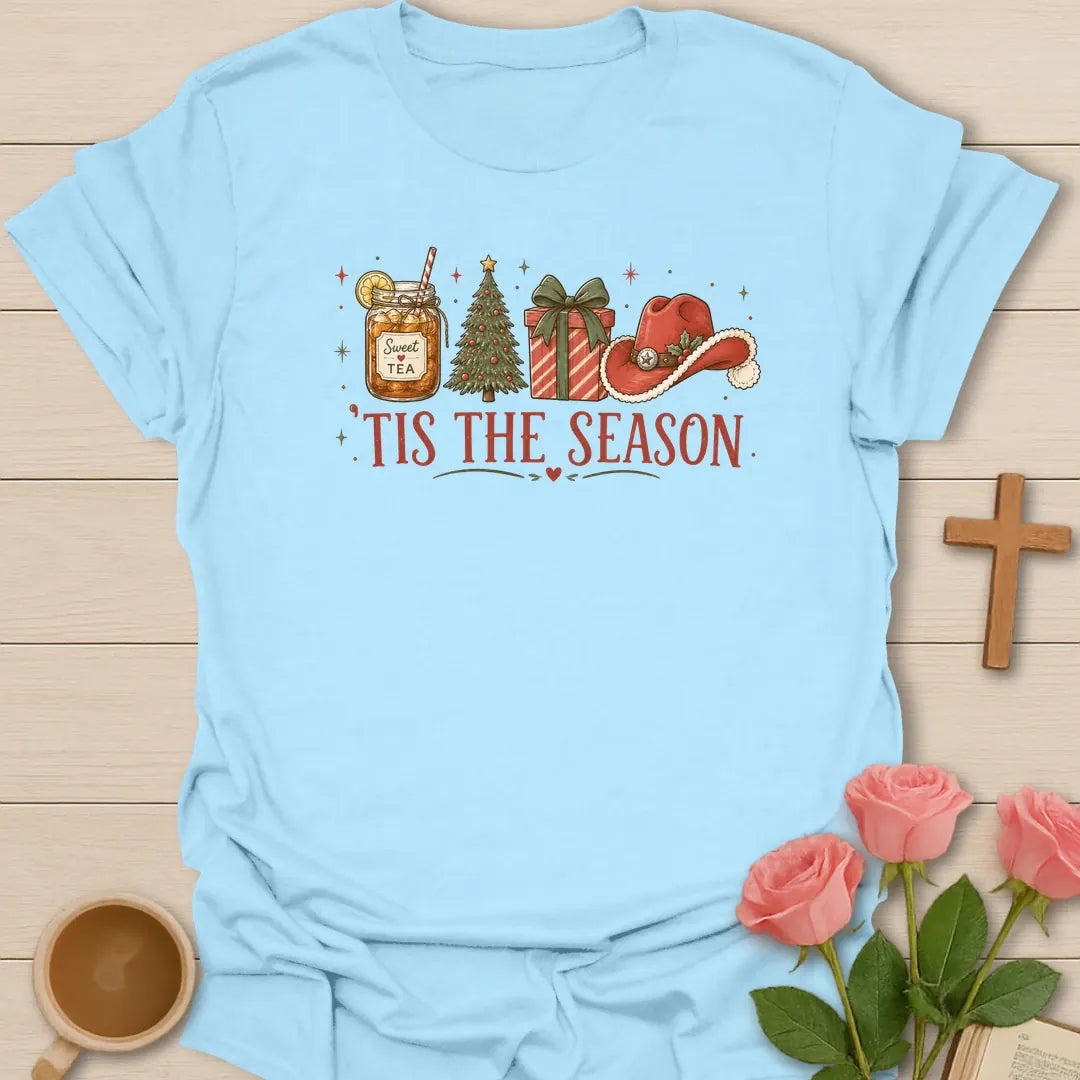 Southern Tis The Season shirt with mason jar sweet tea, Christmas tree, present, Santa hat, stars, and red vintage text. - Light Blue