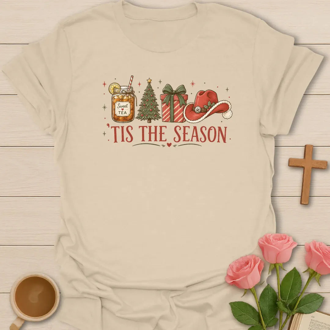 Southern Tis The Season shirt with mason jar sweet tea, Christmas tree, present, Santa hat, stars, and red vintage text. - Sand